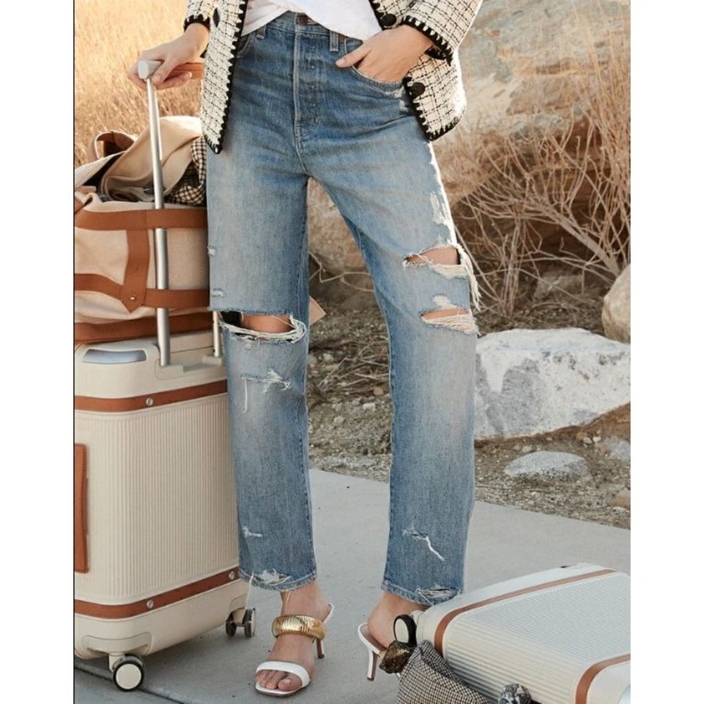 Veronica Beard Blake Classic Straight Distressed High Rise Jeans Blue Size 25